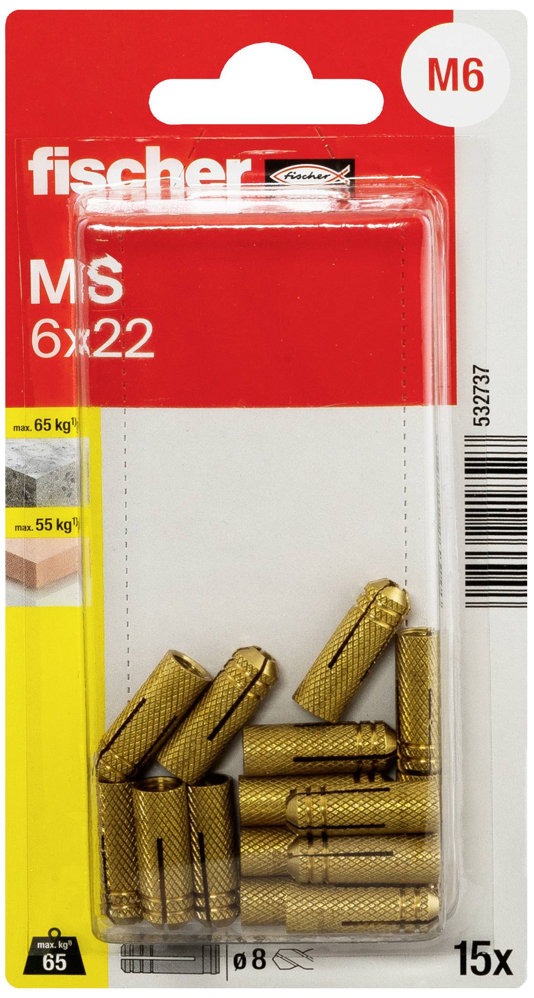 Verpackung von Fischer Metallspreizdübeln M6 6x22, geeignet für Beton und Vollstein, Belastbarkeit bis 65 kg, 15 Stück enthalten.