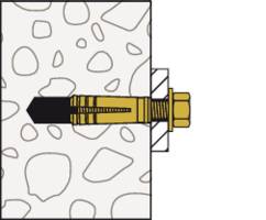 Goldfarbene Metalldübel-Verankerung in einem grauen, gesprenkelten Bauteil, dargestellt in einem Querschnitt.