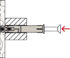 Ein Querschnitt eines Dübels in einer Wand. Der Dübel ist in einer Bohröffnung verankert, während ein Pfeil nach rechts auf den Dübelkopf zeigt.