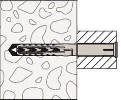 Illustration eines Dübelsystems: Ein Dübel wird in eine Wand eingeführt. Das Bild zeigt eine Schnittansicht der Befestigung.