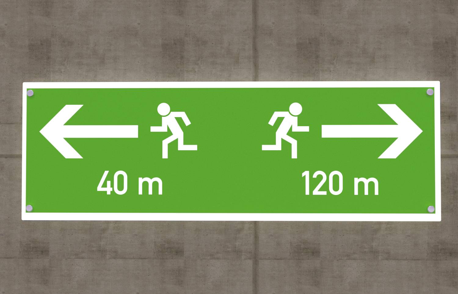 Grünes Schild mit zwei Pfeilen: Links zeigt zu '40 m', rechts zu '120 m', beide mit laufenden Symbolfiguren.