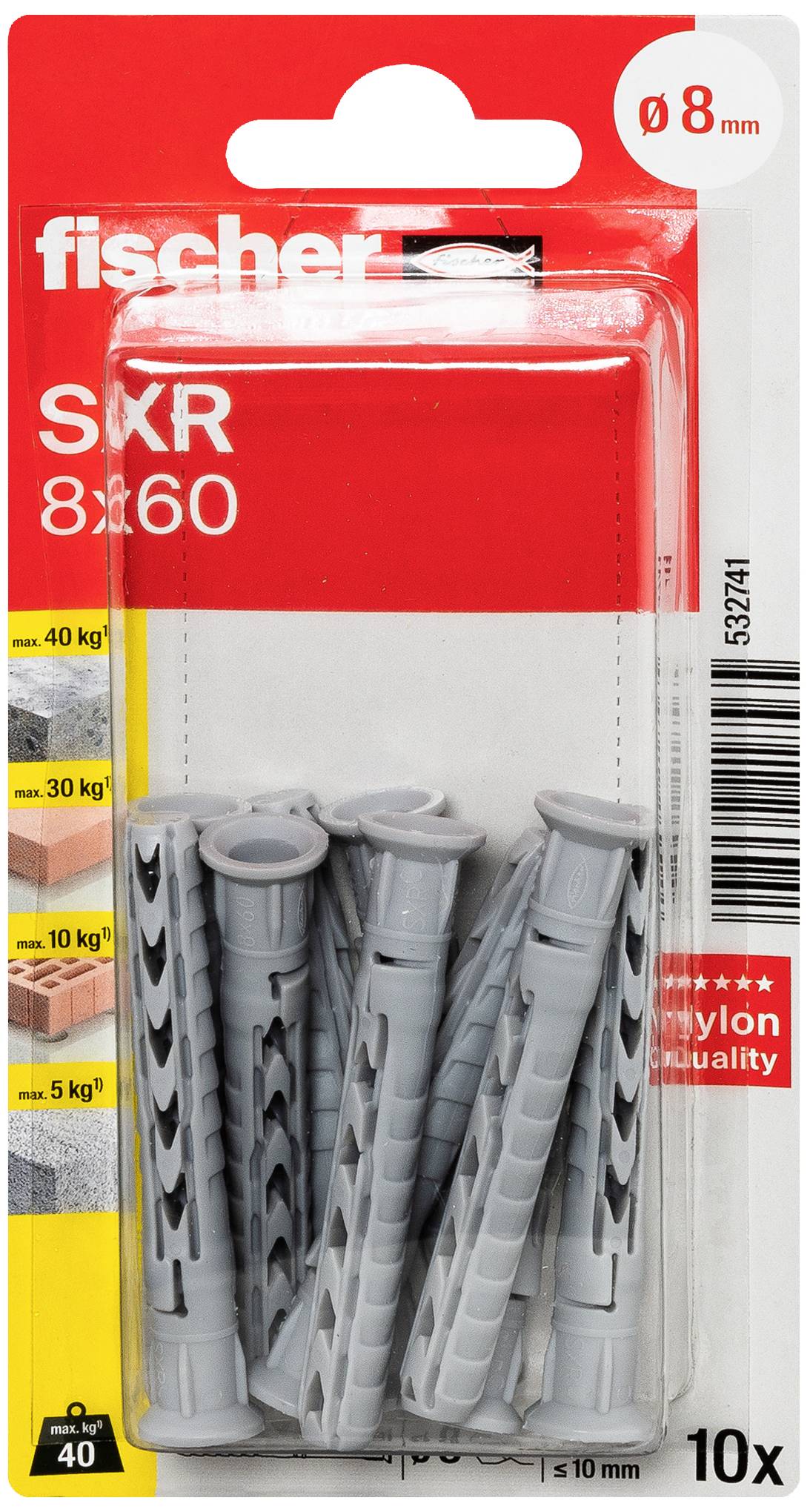 'Fünf graue Nylon-Dübel von Fischer, Modell SXR 8 x 60, im Plastikblister auf rotem Karton. Belastbarkeit: bis 40 kg.’