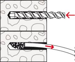 Eine Bohrspitze dringt in eine Oberfläche ein. Darunter zeigt ein Querschnitt Risse und Ablagerungen im Inneren des Materials.