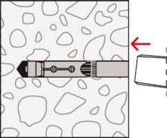 Schematische Darstellung eines Dübels, der in einer Wand verankert ist. Ein Pfeil zeigt die Richtung der Schraubendrehung an, um den Dübel zu expandieren.