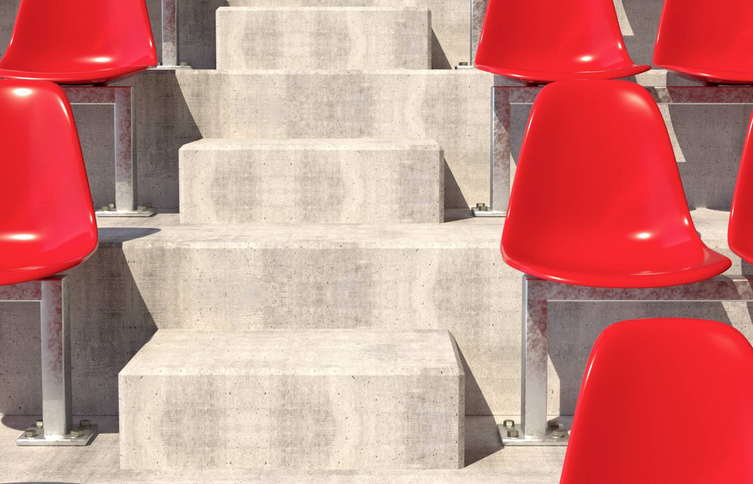 Eine Ansicht von leeren, rot glänzenden Plastiksitzen in einer Stadiontreppe. Die Sitze sind gleichmäßig angeordnet.