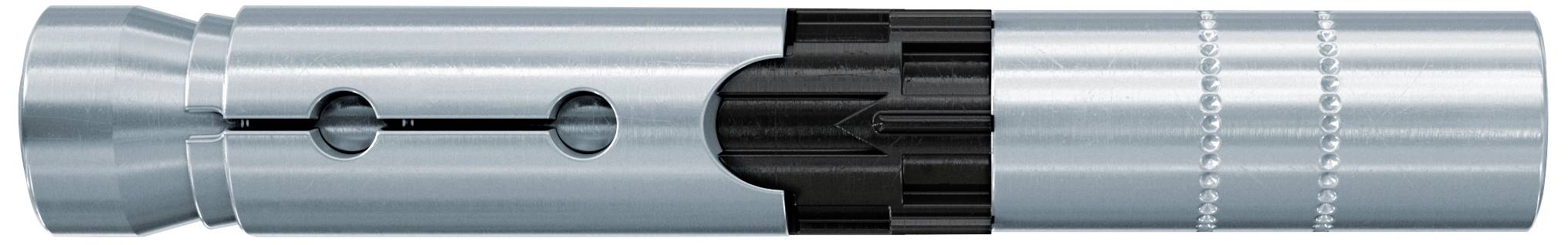 Metallischer Dübel in zylindrischer Form mit gerilltem Abschnitt und zwei Rillen am Ende, dient zum Verankern in Wänden.