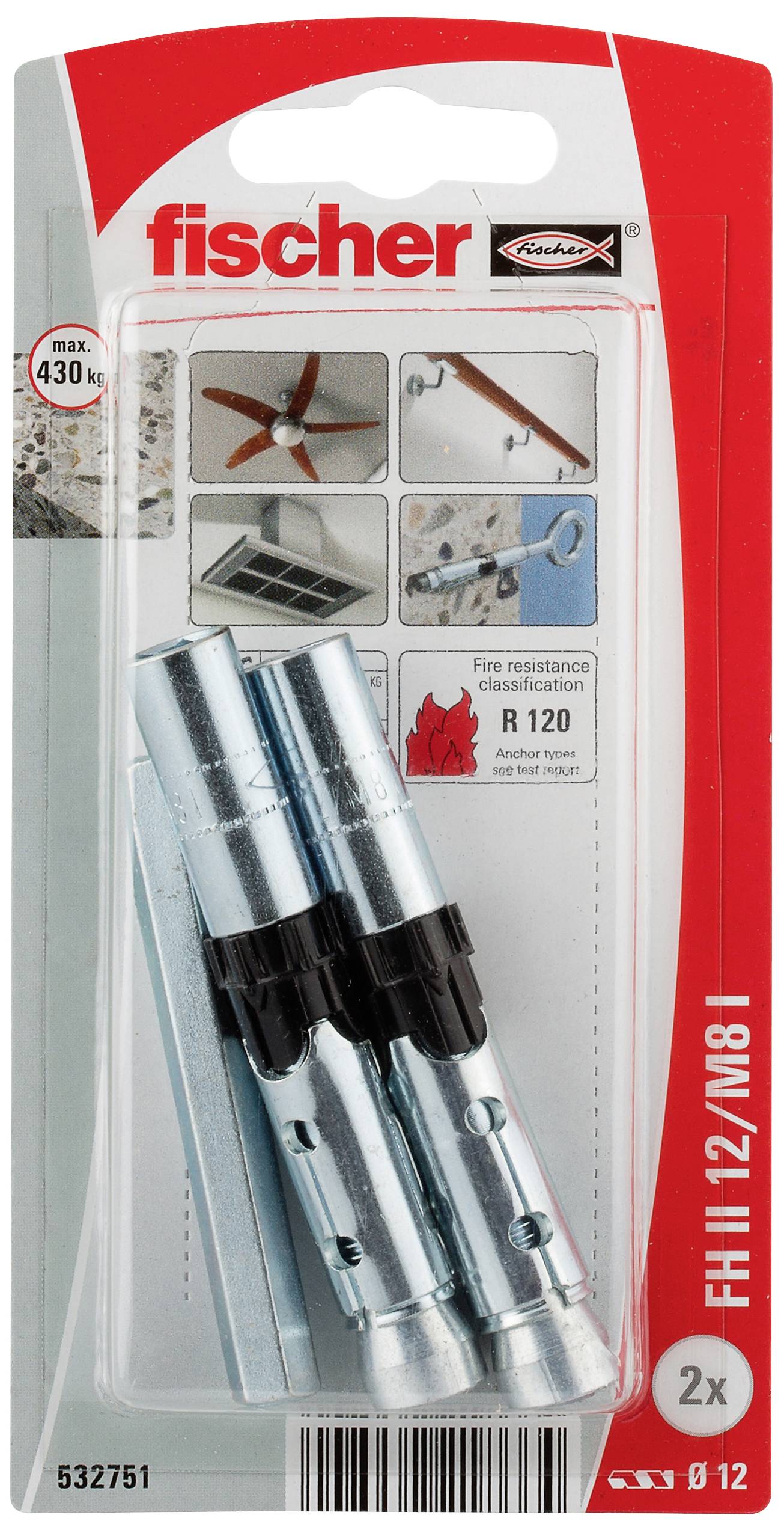 Fischer-Dübel-Set FH II 12/M8 I, geeignet für Lasten bis 430 kg, inklusive Montageanleitung mit Bildern, 2 Stück.