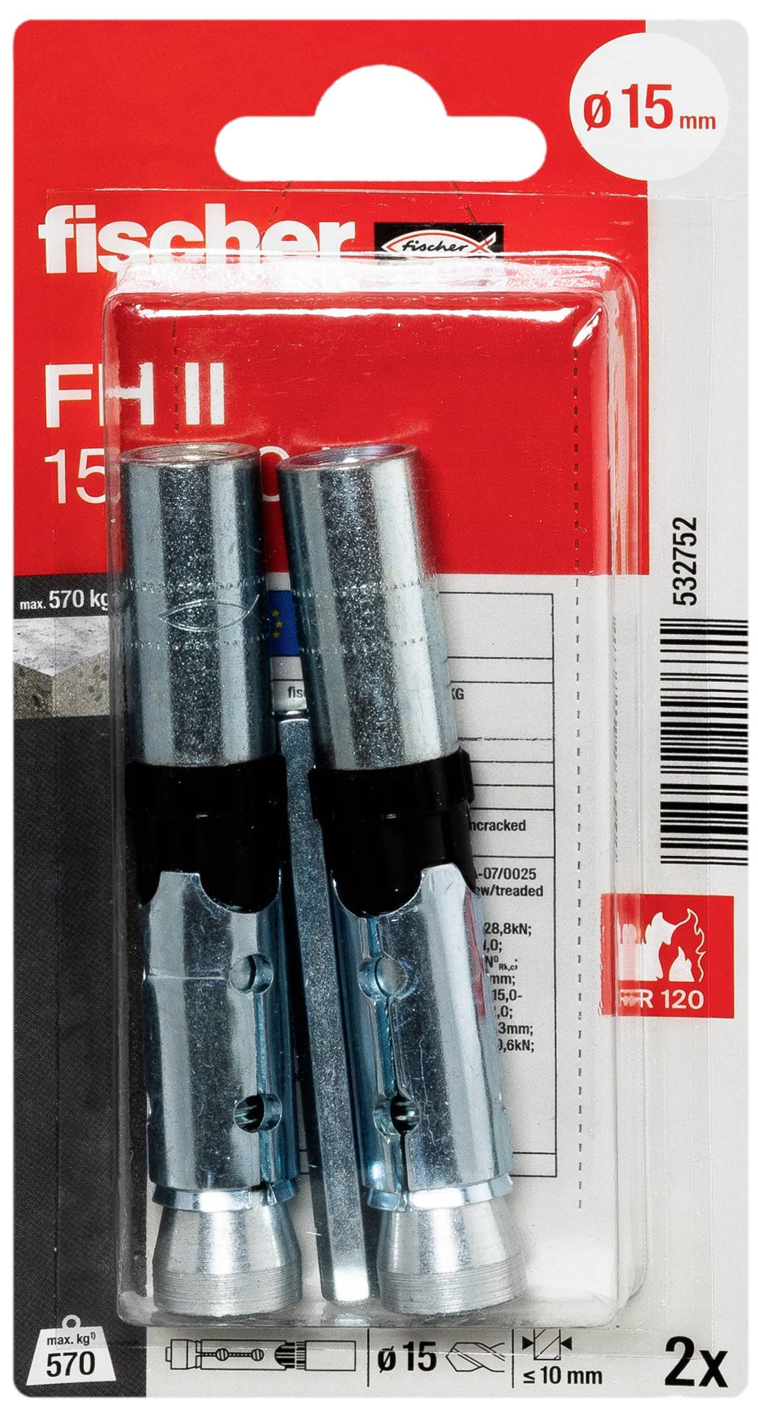 Verpackung von fischer Dübel FH II 15 mit zwei Metall-Dübeln für 15 mm Bohrungen. Geeignet für Befestigungen bis 570 kg.