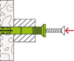 Abbildung zeigt eine Schraube, die durch einen grünen Dübel in einer Wand verankert ist, mit einem Pfeil, der Zugkraft zeigt.