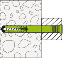 Illustration eines Dübels mit Schraube in einer Wand. Der Dübel ist grün und in einer gepunkteten Wandstruktur befestigt.