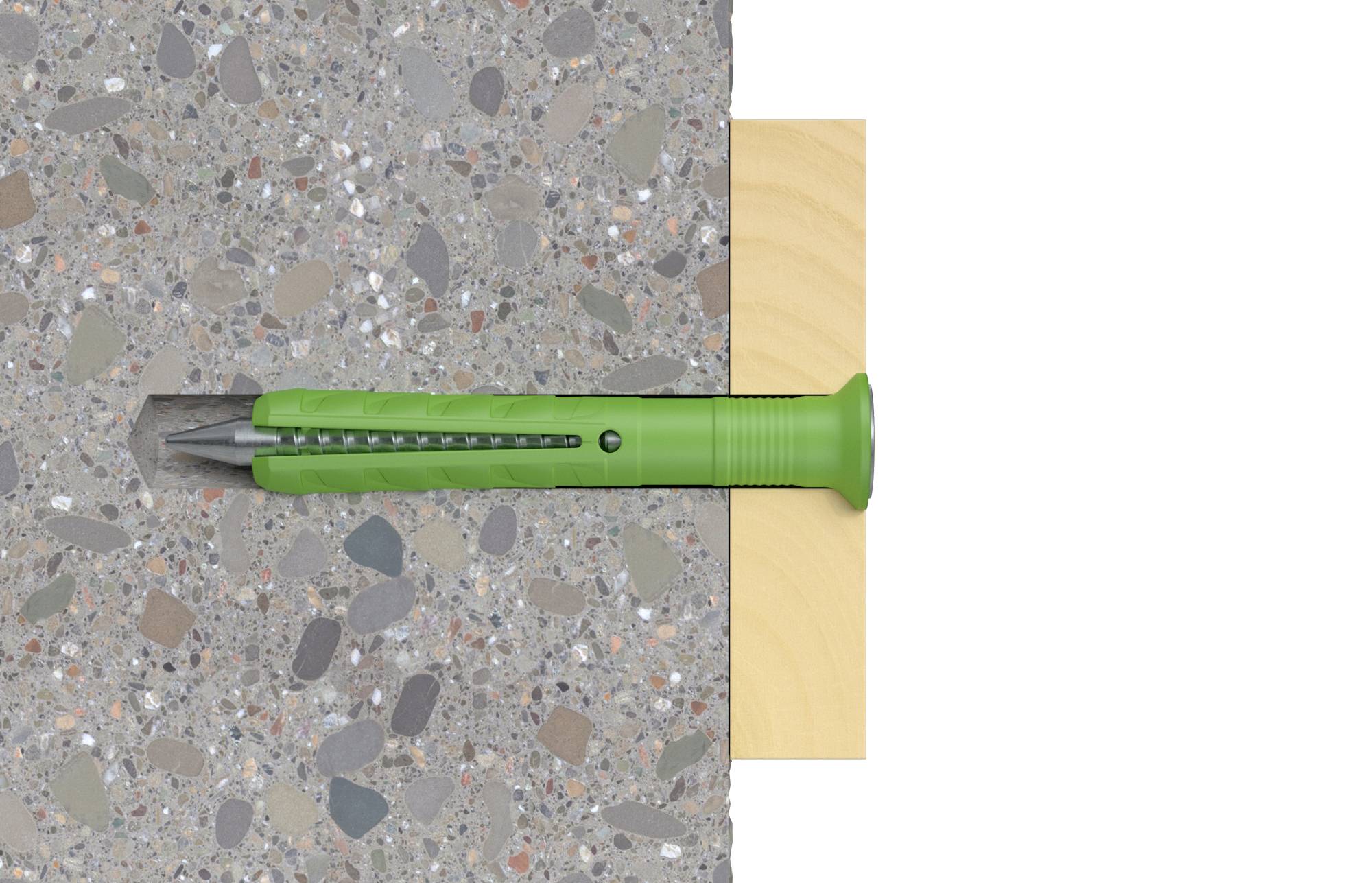 Grüner Dübel in Betonwand eingesetzt, mit einem Holzbrett rechts daneben.