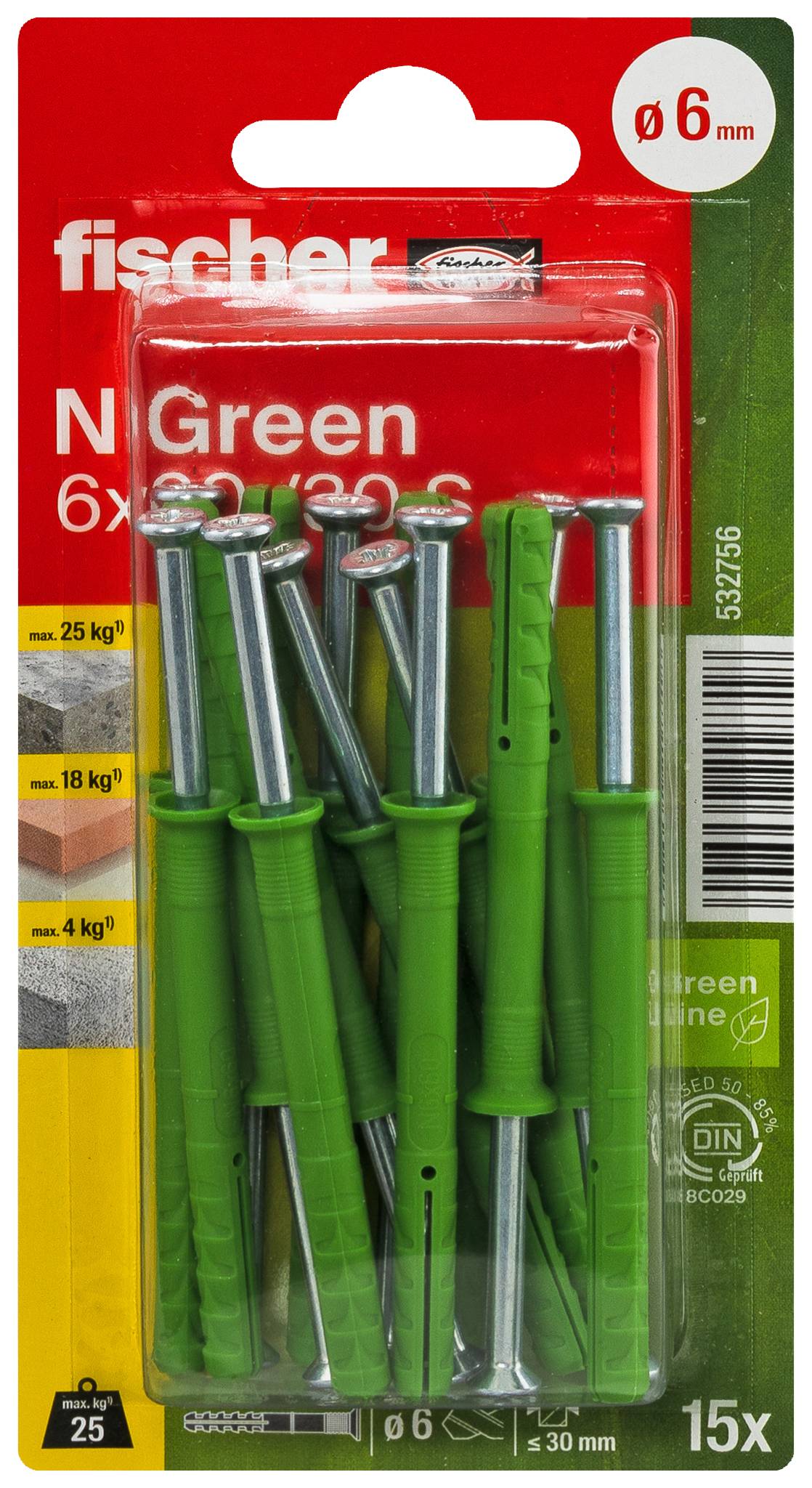 Packung Fischer N Grüne Dübel, 6 mm, mit 15 grünen Ankern und Schrauben, gekennzeichnet für Maurerwerklasten bis 25 kg.