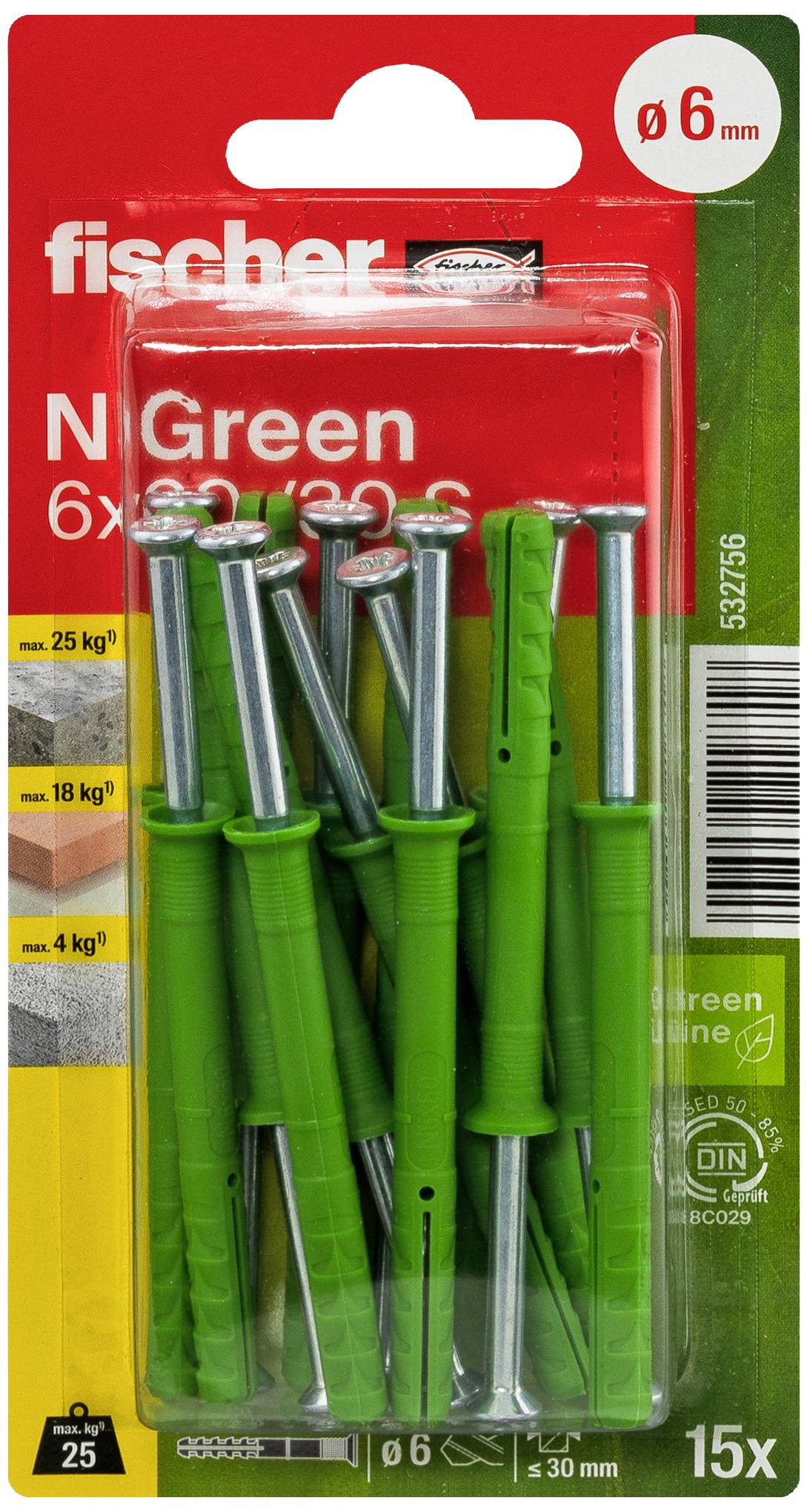 Eine Packung mit grünen Dübel und Schrauben. Aufschrift: 'fischer N Green', geeignet für Gewichte bis 25 kg.