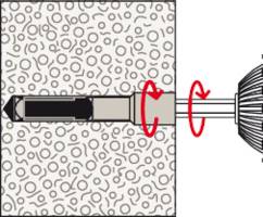 Illustration eines Steinbohrers, der sich nach rechts dreht, um in Beton einzudringen. Zeigt die Bohrmaschine von der Seite.