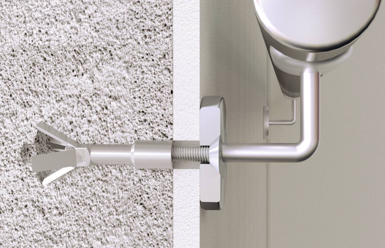 Nahaufnahme eines expandierenden Dübels in einer Betonwand, der eine robuste Metallstange hält. Zeigt Einbaumechanismus und Materialstruktur.