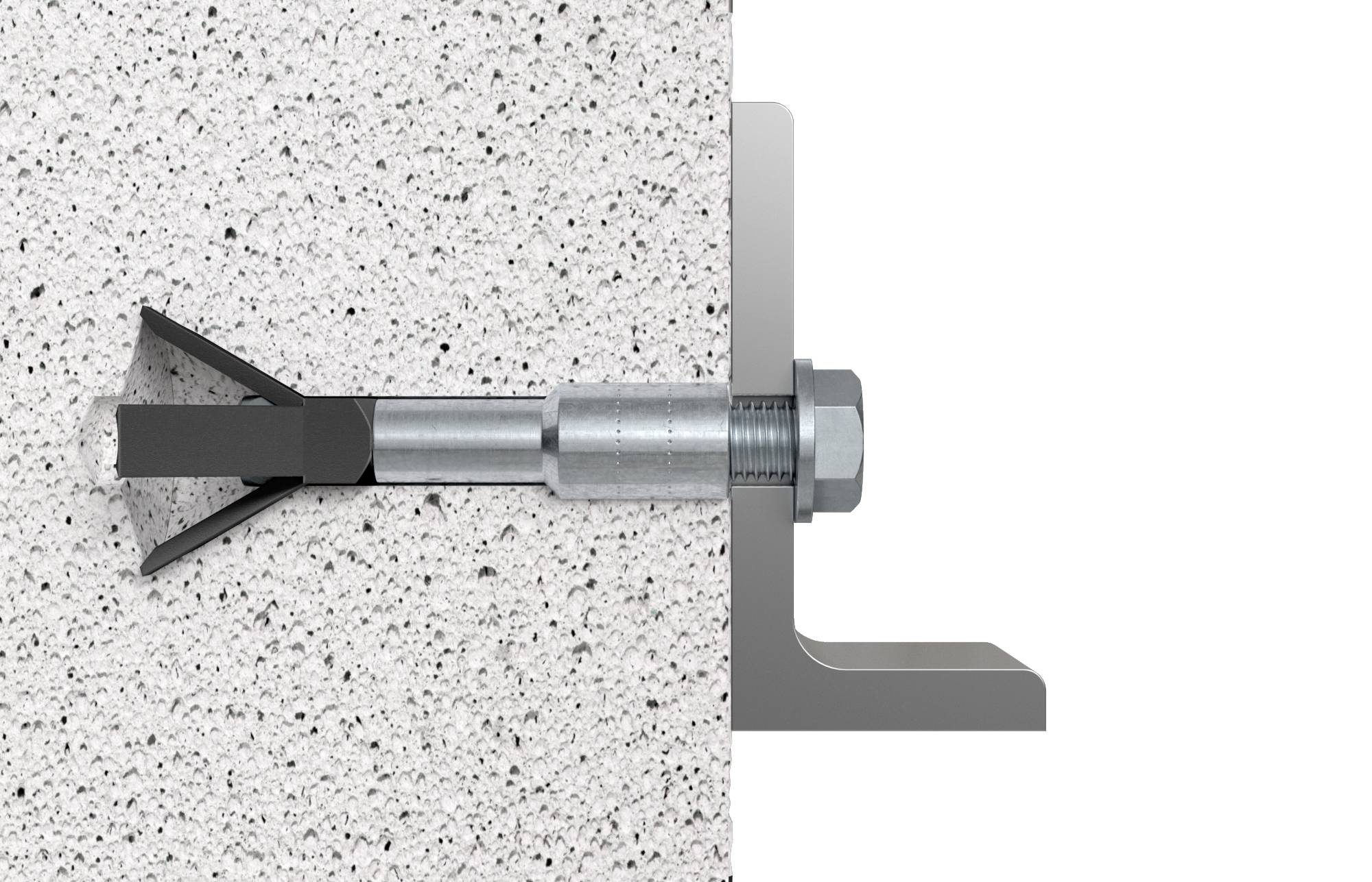 Metallschraube und Dübel in einer Betonwand angebracht. Schraube verbindet Metallwinkel mit Wand und zeigt sicheren Halt im Querschnitt.