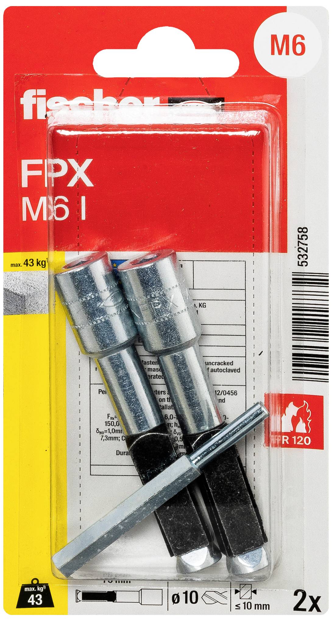 Zwei fischer FPX M6 I Bolzenanker in einer Blisterverpackung mit rotem Hintergrund und M6-Markierung oben rechts.