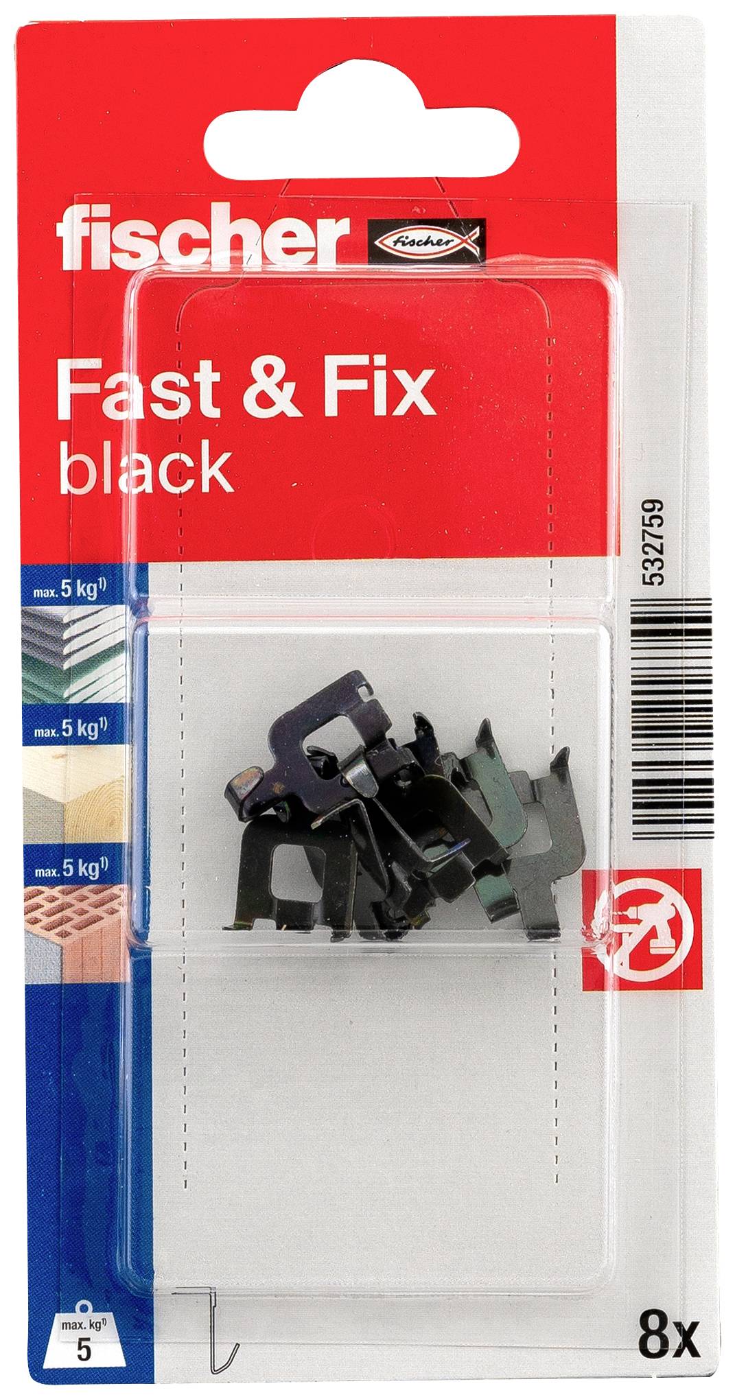 Eine Packung Fischer Fast & Fix Klebestreifen, schwarz, maximale Traglast 5 kg, ideal für glatte Oberflächen. Enthält 8 Stück.