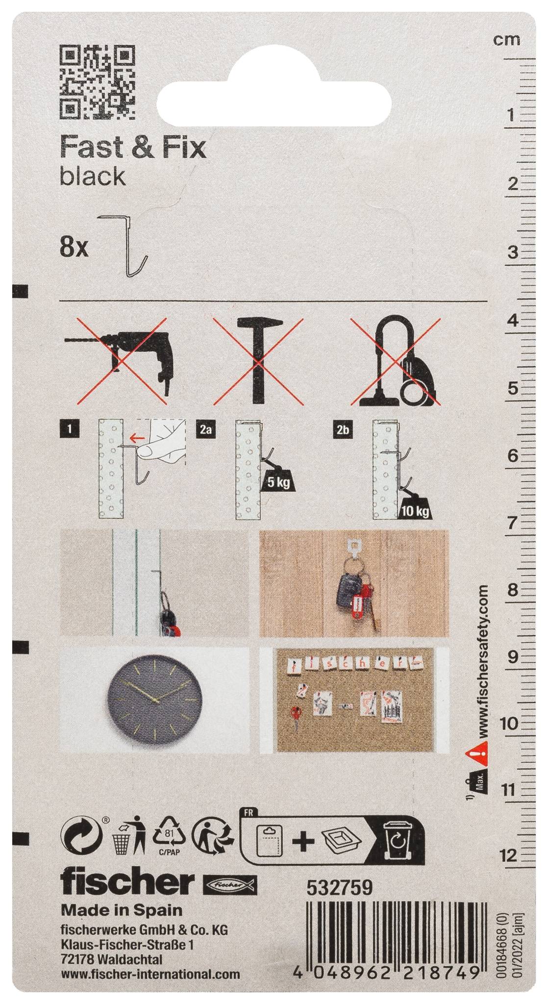 Verpackung für Fischer Fast & Fix schwarz, 8x Wandbefestigungen, mit Installationsdiagrammen, Maßstab und Produktbarcode.