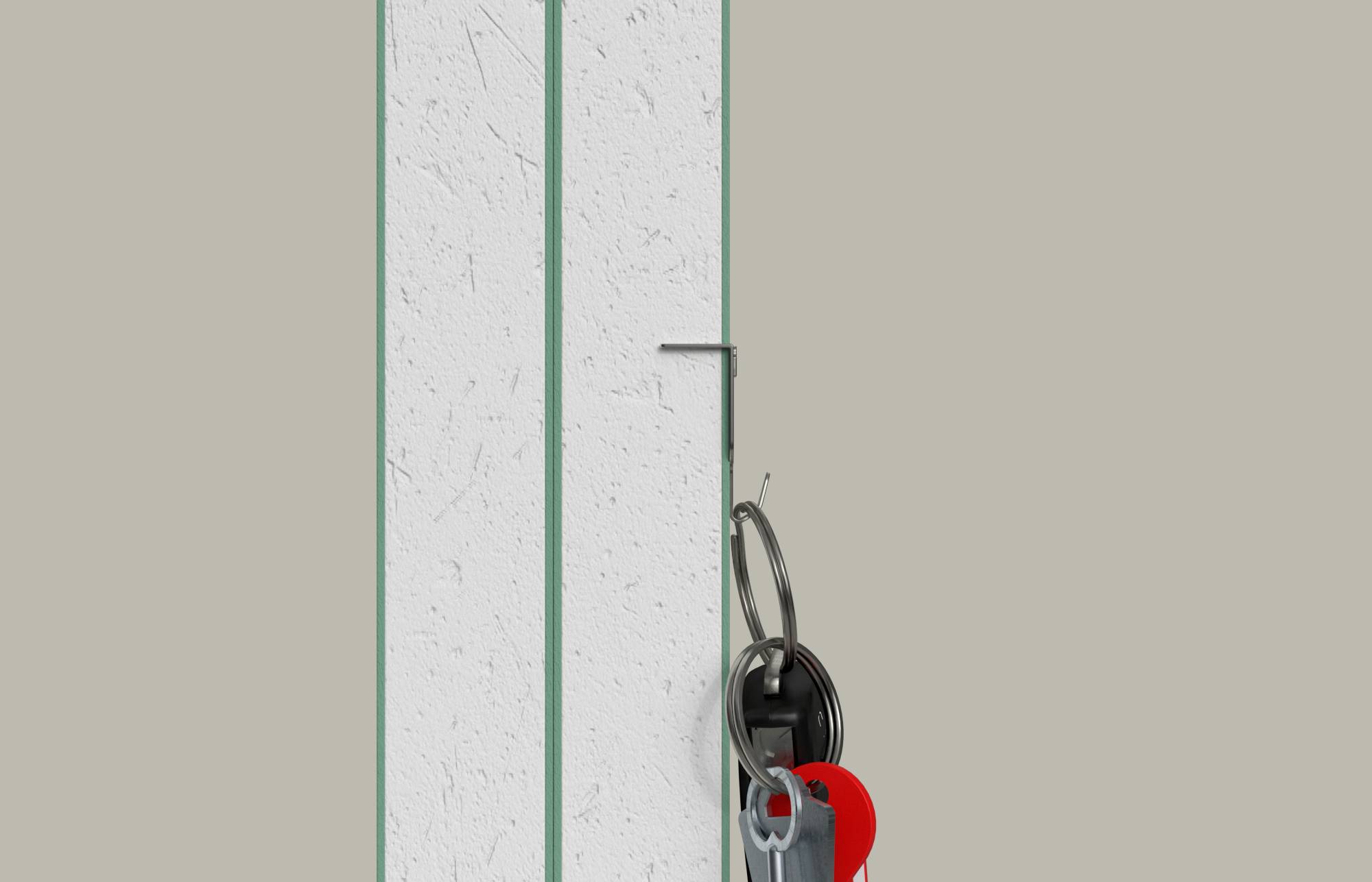 Nahaufnahme eines weißen Panels mit einem metallenen Schlüsselloch und einem roten Etikett, das auf gesicherten Zugang oder einen verschlossenen Schrank hindeutet.