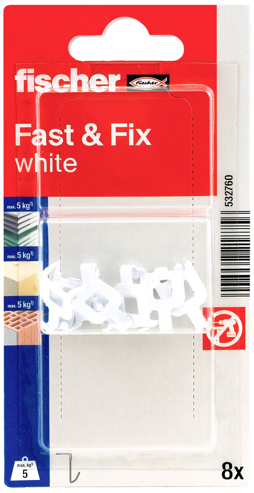 Verpackung von 'fischer Fast & Fix white', 8 weiße Befestigungselemente, geeignet für Oberflächen bis zu 5 kg.