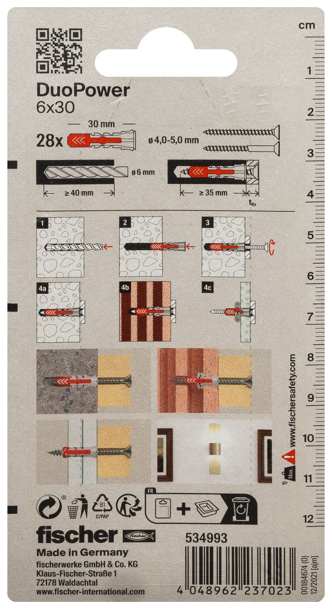 Fischer DuoPower 6x30 Wanddübel-Set, zeigt Bohr- und Schraubengröße, Installationsschritte, Belastungssymbole, Strichcode und Produktnummer 534993.
