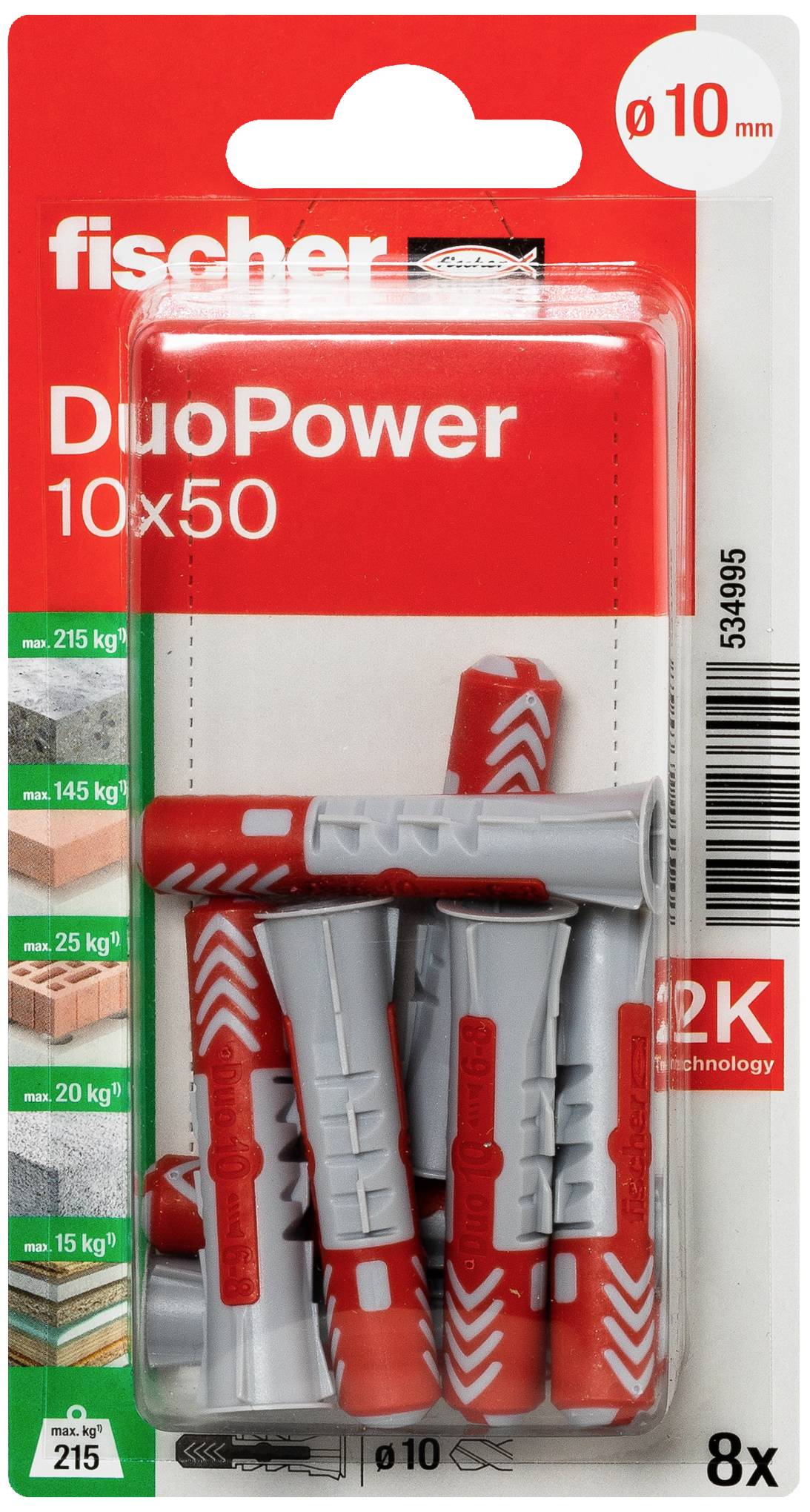 Packung mit acht Fischer DuoPower-Dübeln der Größe 10x50 mm, geeignet für verschiedene Baustoffe, Belastungsangaben auf der Verpackung.