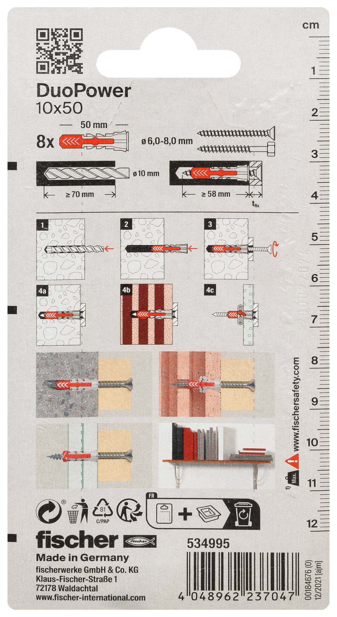 Fischer DuoPower 10x50 Wandstecker-Packung mit 8 Dübeln, 50 mm Länge, Anleitung für Schrauben- und Bohrergröße sowie Schritt-für-Schritt-Installationsdiagramme.