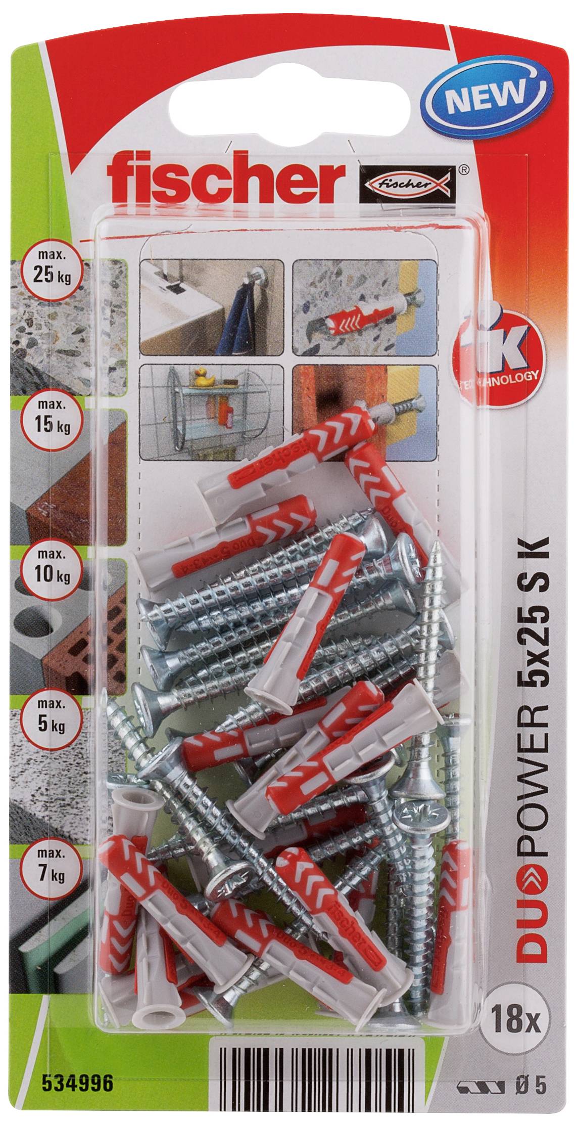 Verpackung mit 18 Stück Fischer DUOPOWER 5x25 S K Dübeln und Schrauben, geeignet für Lasten bis 25 kg. Anwendungen abgebildet.