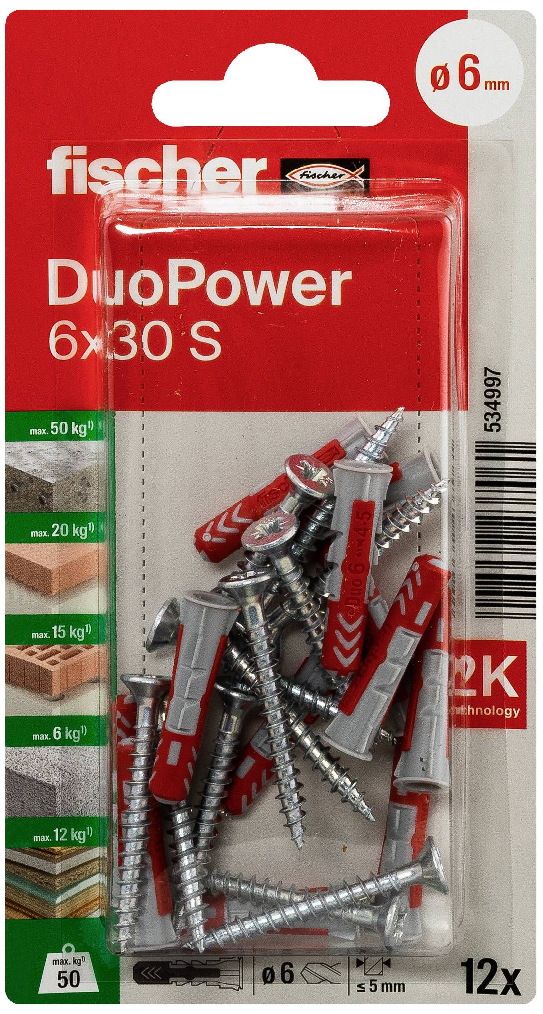 Packung mit Fischer DuoPower 6x30 S Dübeln und Schrauben, geeignet für unterschiedliche Materialien. Enthält 12 Stück, Durchmesser 6 mm.