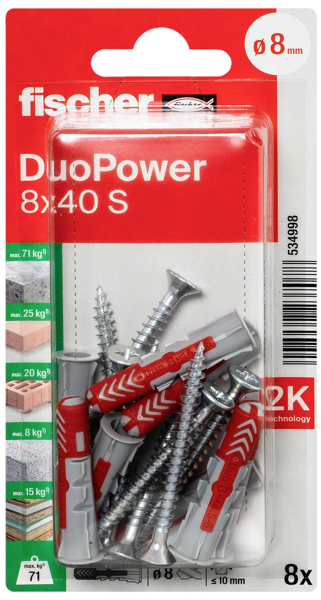 Verpackung mit 8 Schrauben und Dübeln der Marke 'fischer' DuoPower 8x40 S. Geeignet für verschiedene Materialien mit Traglastangaben.