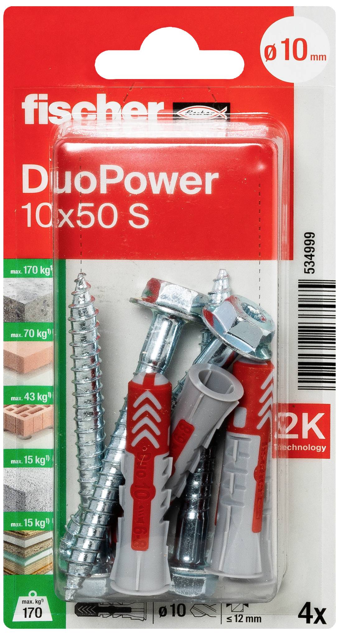 Verpackung mit vier Dübel und Schrauben, geeignet für Beton, Ziegel, Porenbeton und Rigips. Tragkraft: bis zu 170 kg.