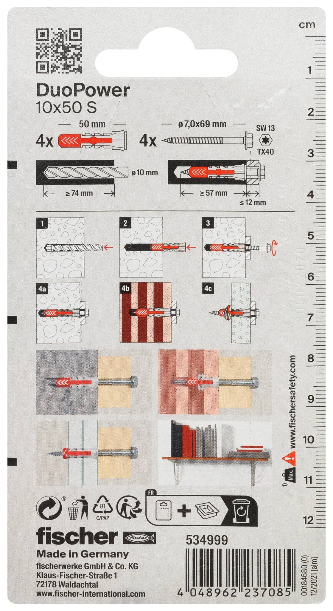 Fischer DuoPower 10x50 S Wandsteckdose-Set mit 4 roten Dübeln und 4 Schrauben, zeigt Bohrgrößen, Installationsschritte und Produktabmessungen.