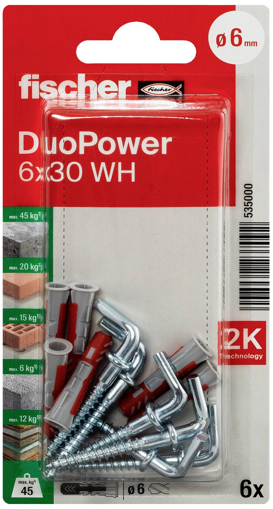 Verpackung von Fischer DuoPower Dübeln und Schrauben, Größe 6x30 mm für 6 mm Bohrlöcher, geeignet für diverse Materialien.