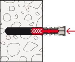 Illustration eines Dübels in einer Betonwand, der zur Veranschaulichung der Befestigungstechnik dient. Ein Pfeil zeigt die Anzugskraft an.