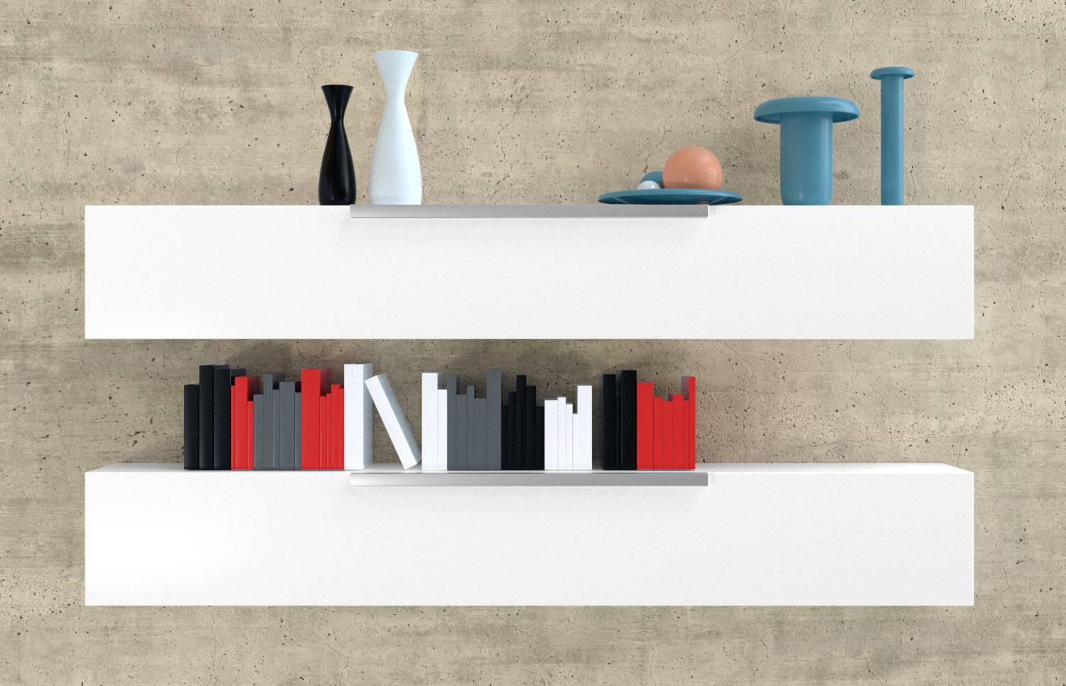 Zwei weiße Regale an einer Betonwand; oben Vasen und Schalen in Blau und Schwarz, unten farblich sortierte Bücher in Rot, Schwarz und Weiß.