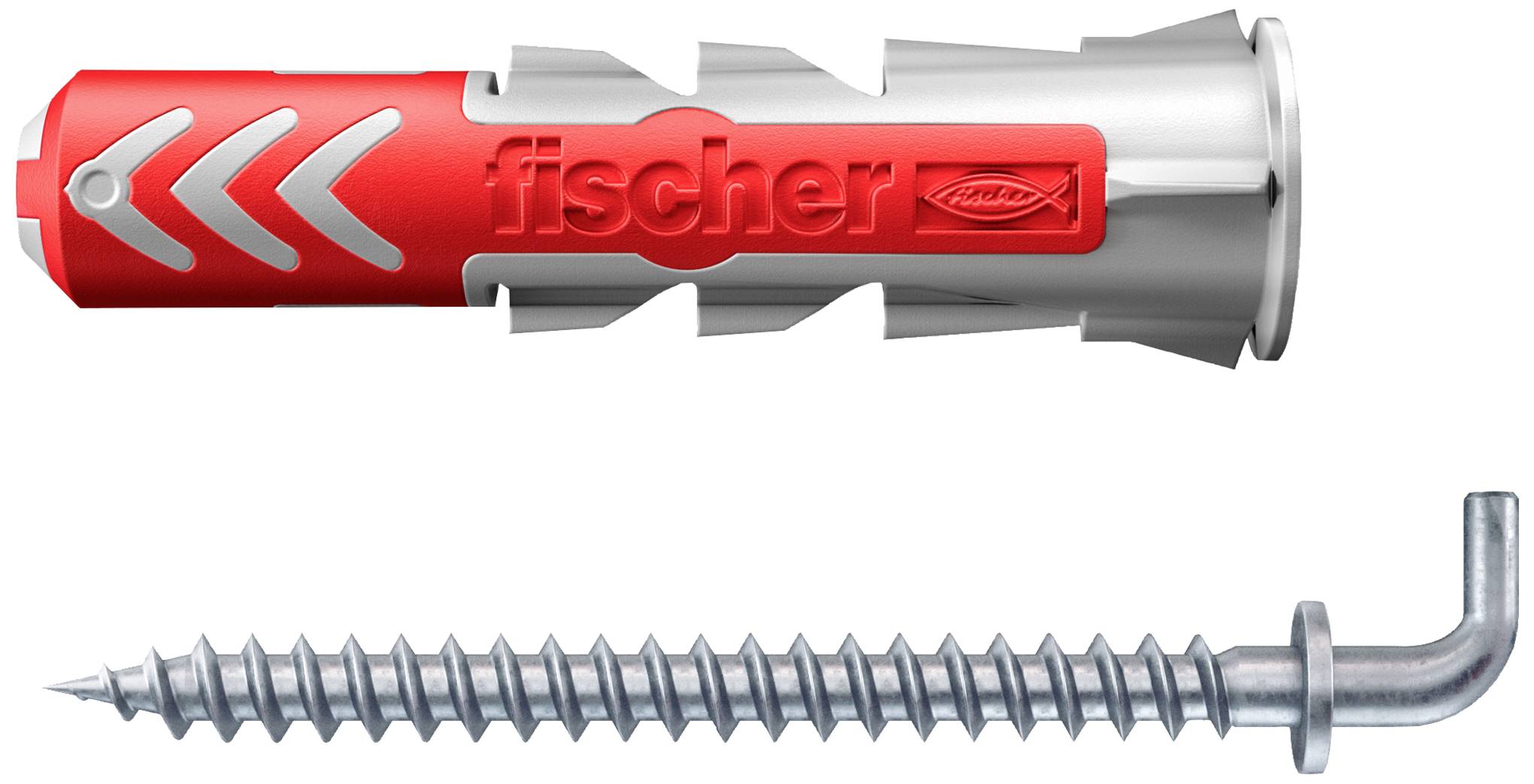 Ein Dübel und eine Schraube von Fischer. Der Dübel ist rot und grau, die Schraube ist silbern mit gebogenem Ende.
