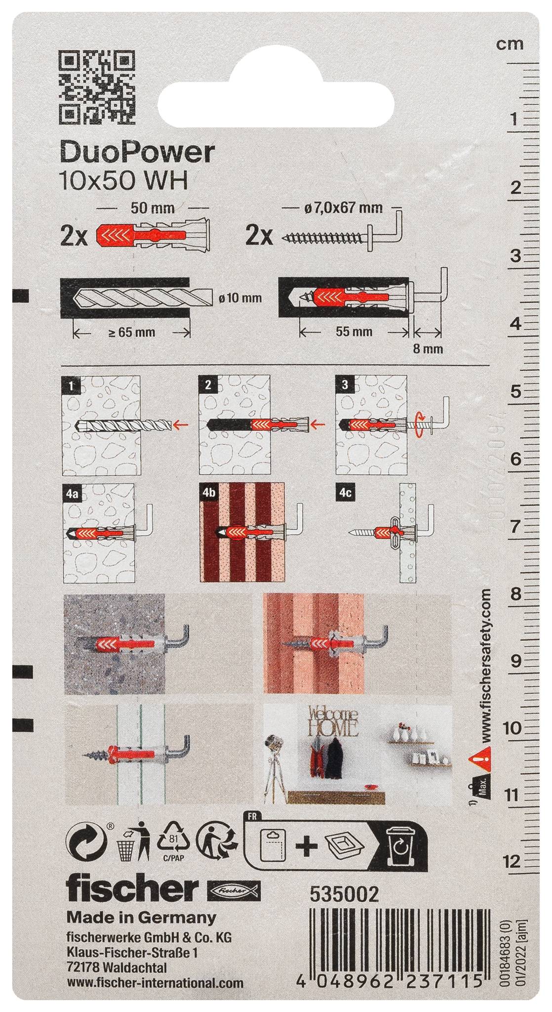Paket für Fischer DuoPower 10x50 Wanddübel mit Installationsdiagrammen, Abmessungen und 2x 10 mm Dübeln mit Schraubengrößen im Lieferumfang.