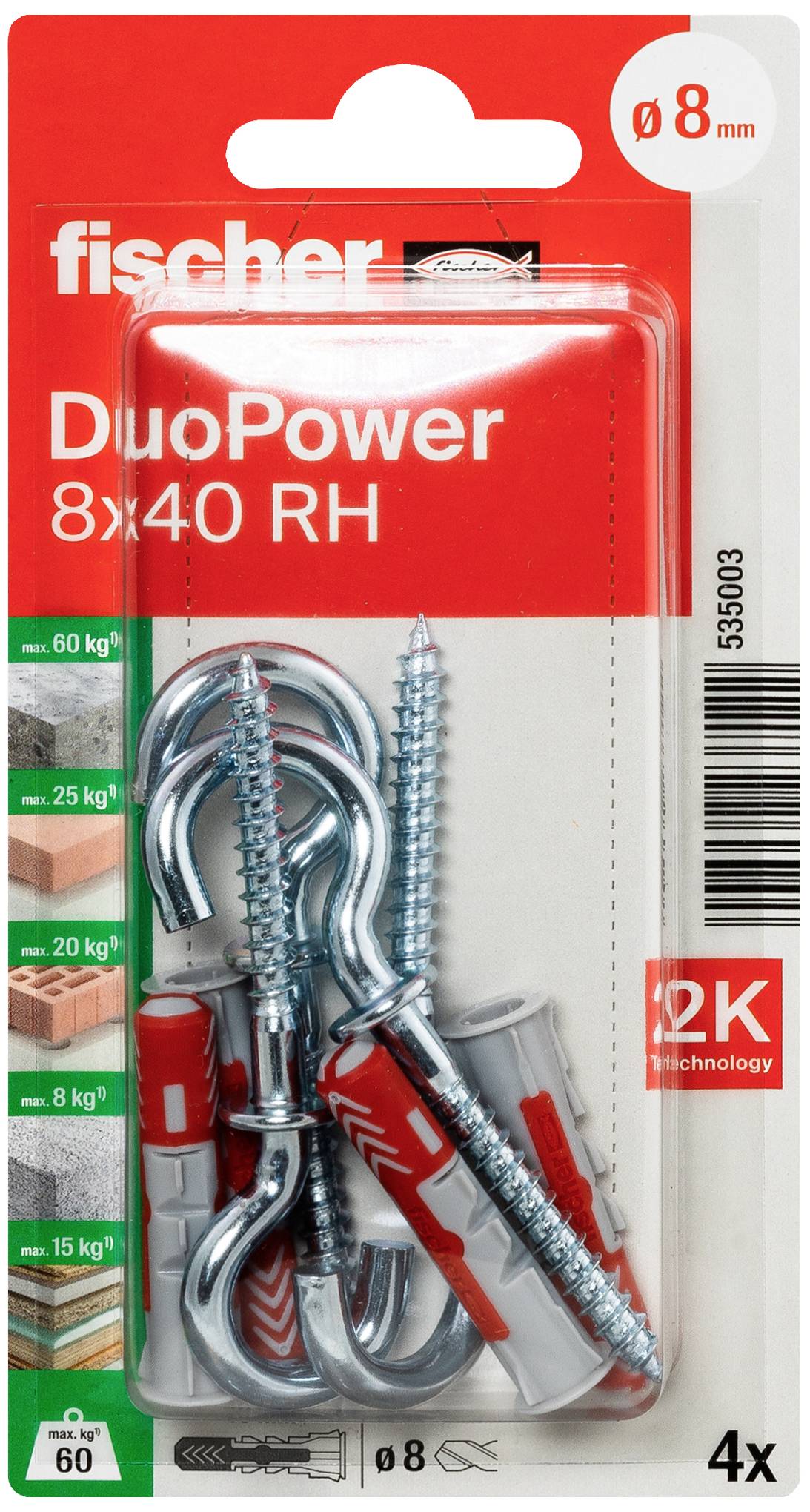 Verpackung mit Fischer DuoPower Dübeln (8x40 RH), geeignet für verschiedene Materialien und Belastungen bis 60 kg. Enthält 4 Stück.
