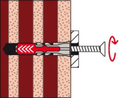 Diagramm einer Wanddübelmontage. Der Dübel wird in ein Loch in der Wand geschraubt und dehnt sich beim Festziehen des Schraubenkopfes aus.
