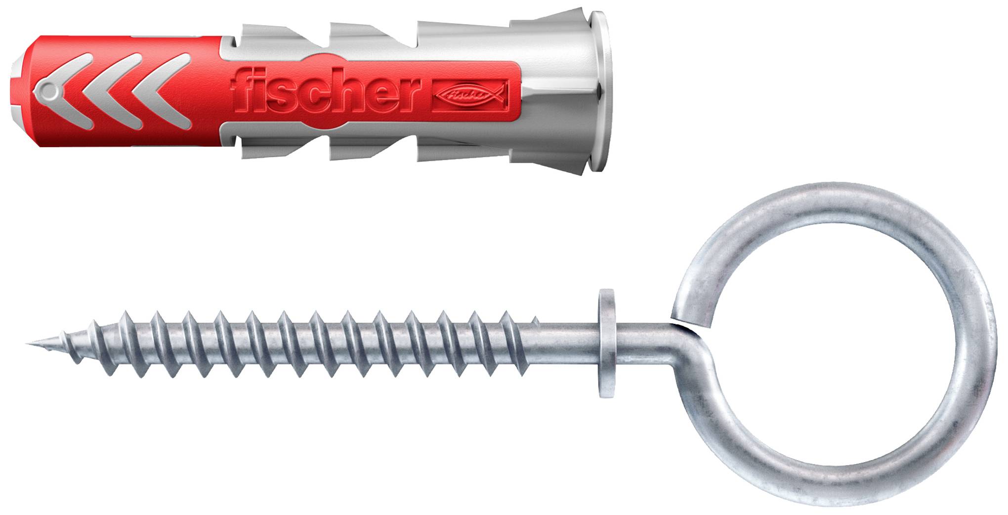 Ein roter Dübel und eine Metall-Ringschraube nebeneinander. Der Dübel hat einen Markennamen 'fischer'. Beide sind Befestigungsmaterialien.