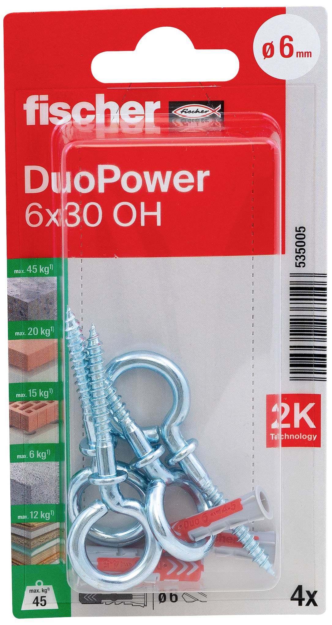 Packung mit vier Fischer DuoPower 6x30 Schrauben und Dübeln, geeignet für Belastungen von bis zu 45 kg auf Beton und 15 kg auf Gips.