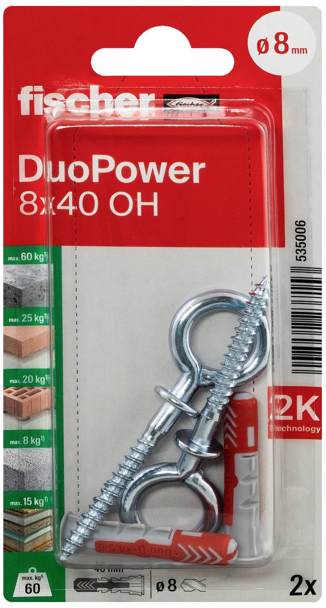 Plastikverpackung mit zwei Metall-Schraubhaken und Dübeln, Marke 'fischer DuoPower 8x40 OH', für robusten Halt in Mauerwerk.