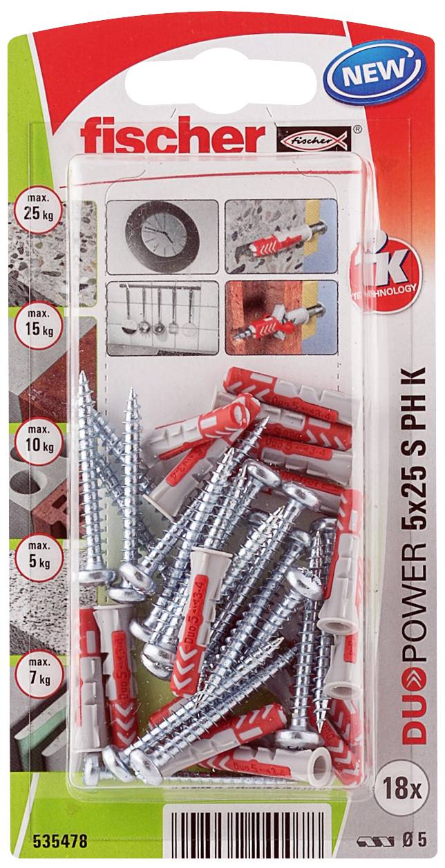 Packung mit Fischer-Dübeln und Schrauben, geeignet für verschiedene Wandtypen. Oberteil zeigt Gewichtsbegrenzungen und Anwendungen.