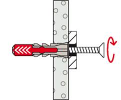 Schematische Darstellung eines Dübels, der mit einer Schraube in eine Wand eingedreht wird. Der Drehpfeil zeigt die Richtung des Schraubens.