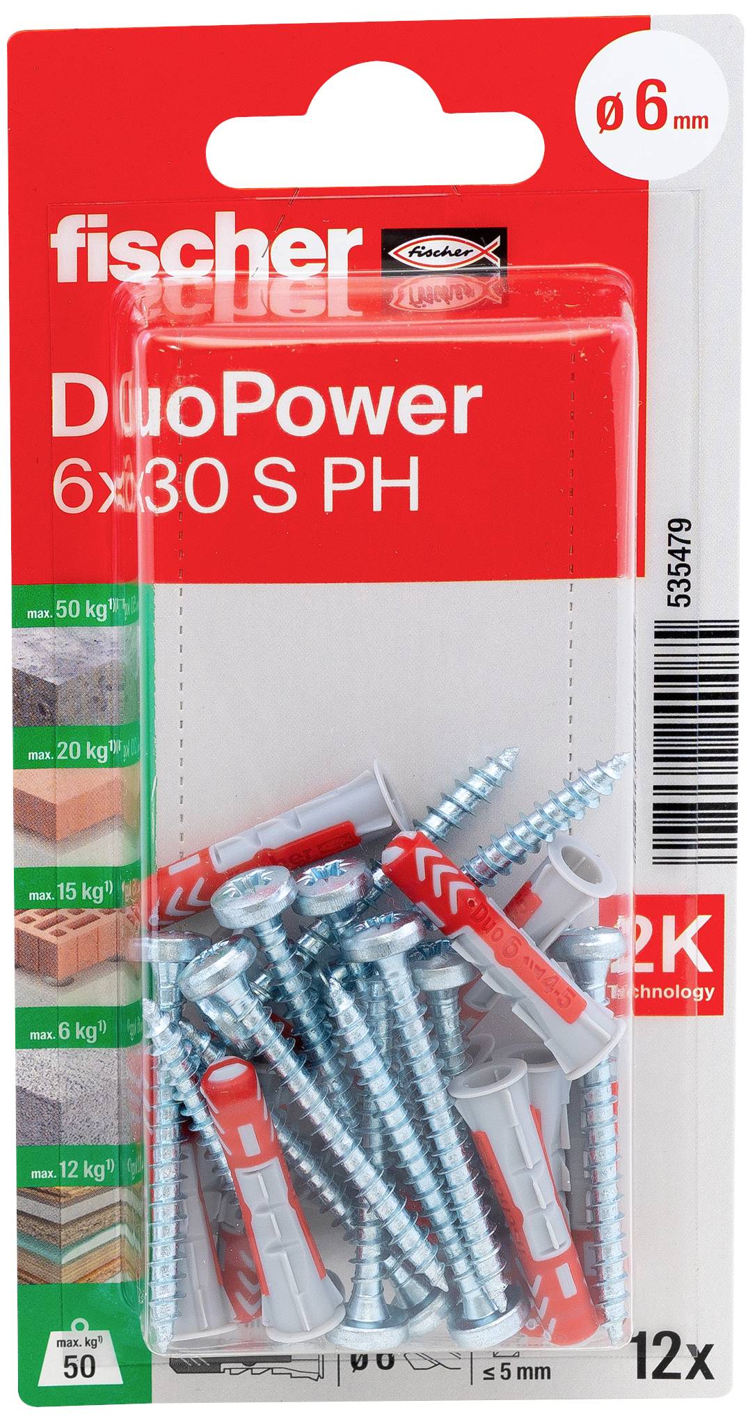 Packung mit Fischer DuoPower 6x30 S PH Dübeln und Schrauben, 12 Stück, für Belastungen bis 50 kg, Ø 6 mm, Länge 30 mm.