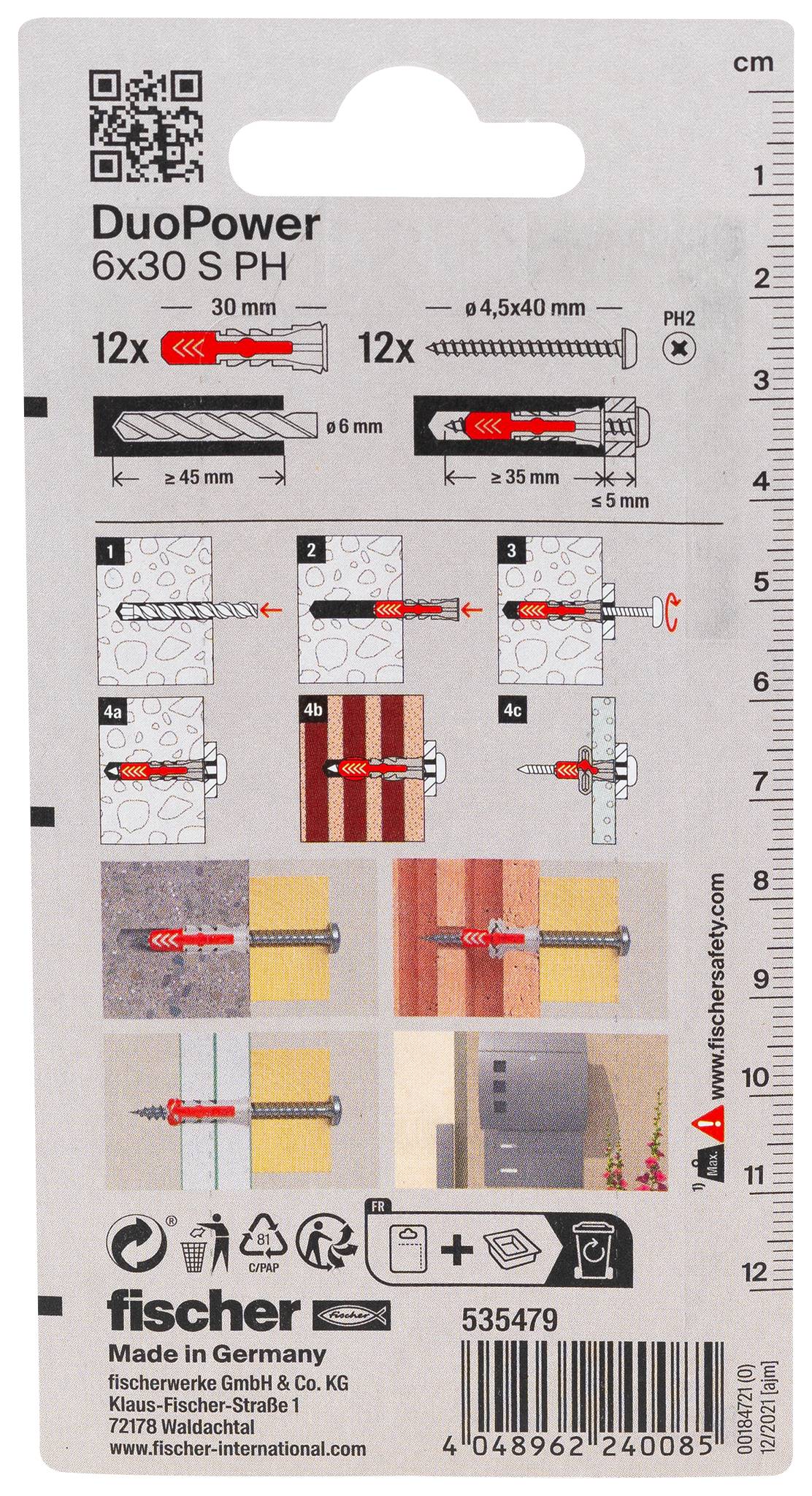 Fischer DuoPower 6x30 S PH2 Dübel-Set mit QR-Code, Installationsdiagrammen und Abmessungen für 12 Dübel und 12 Schrauben.