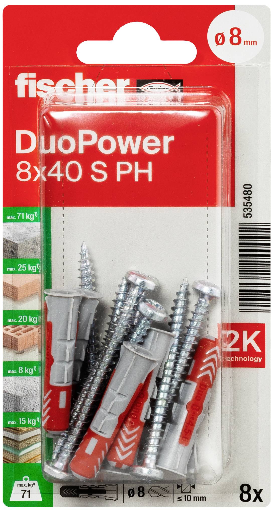 Verpackung mit Fischer DuoPower Dübel und Schrauben, 8x40 mm. Geeignet für Beton, Ziegel und Gipskarton bis 71 kg Belastung.