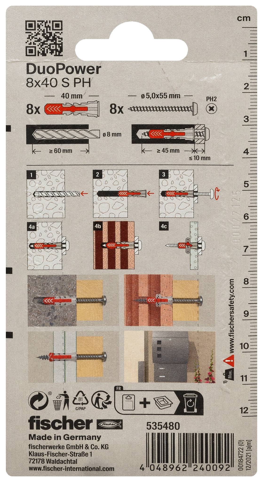 Verpackung für Fischer DuoPower 8x40 S PH Wanddübel, mit Installationsdiagrammen, Abmessungen und Produktinhalt.