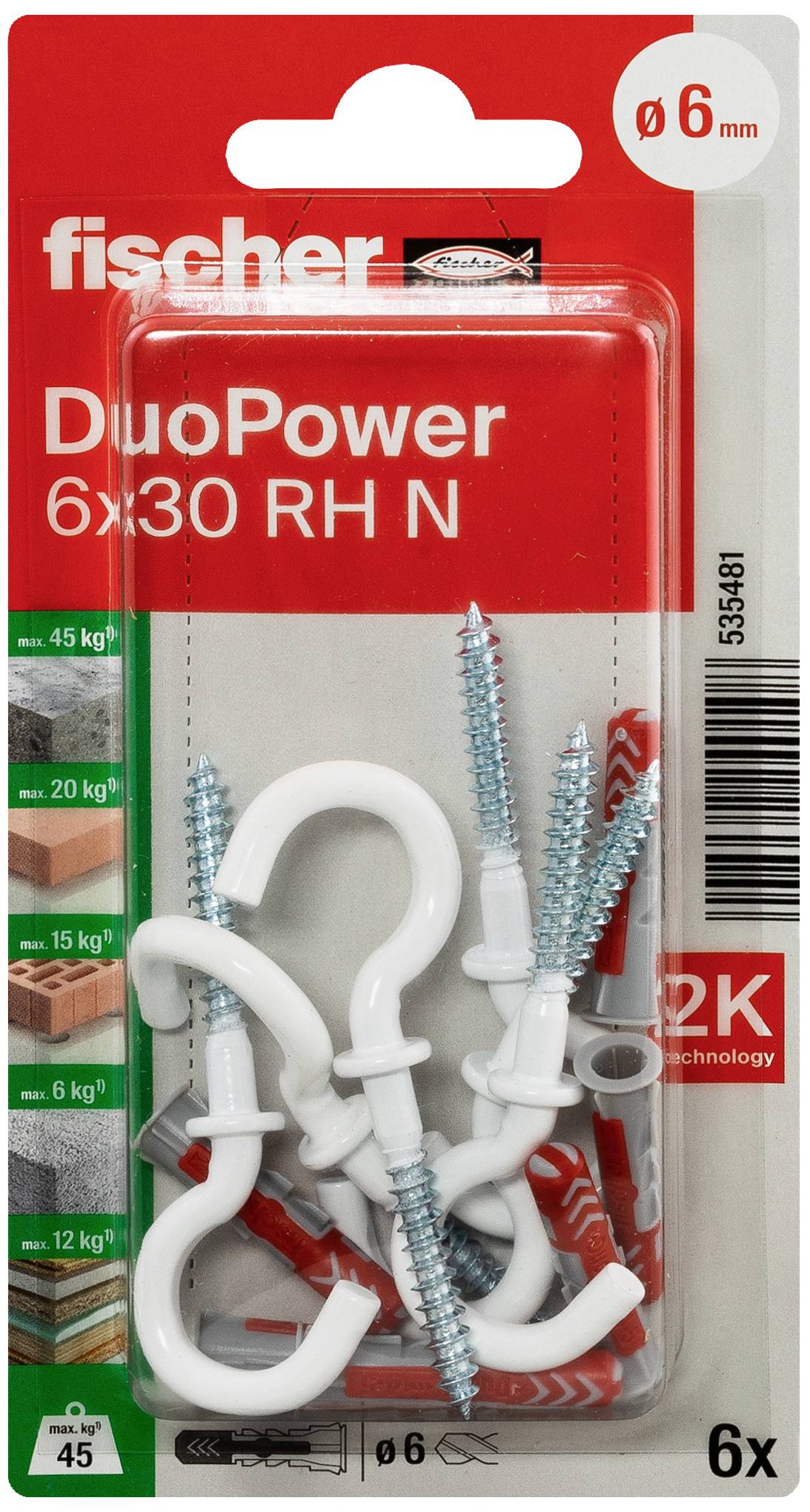 Verpackung von Fischer DuoPower 6x30 RH N Haken mit Dübeln und Schrauben, geeignet für Lasten bis 45 kg, Ø 6 mm, 6 Stück.
